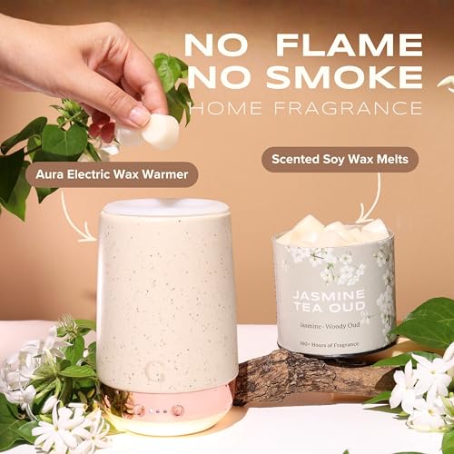 Image of Aura Wax Melting Starter Kit - Ceramic Aroma Diffuser with 1 Warmer & 3 Scented Soy Melts | 180+ Hours Scent Time - Smoke-Free, Natural Fragrance for Home (Speckled White, Luster)