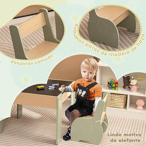 Miniatura 5 de COSTWAY 4 en 1 Juego de Mesa y Silla Infantil, Mesa Infantil de Madera con 2 sillas, Manualidades, Dibujo, Lectura, Mesa Escritorio Infantilcon Almacenaje, Pizarra Desmontable para Guardería (Verde)