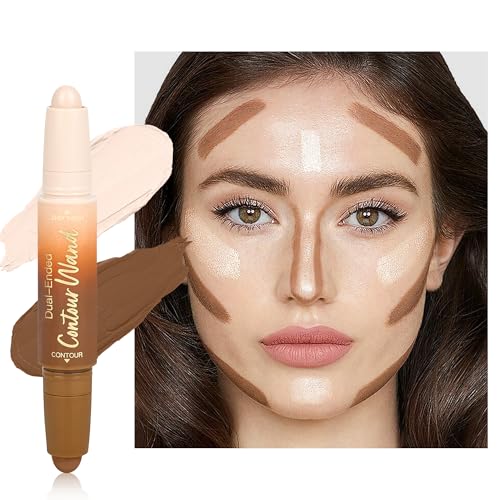 Contour Highlighter Stick，2-in-1 Dual-Ended Cream Bronzer & Highlighter Sticks Pen for Face Body Contouring Makeup- Buildable，Waterproof, Easy to Apply Suitable for Beginners，01Nuetral Nude + Beige