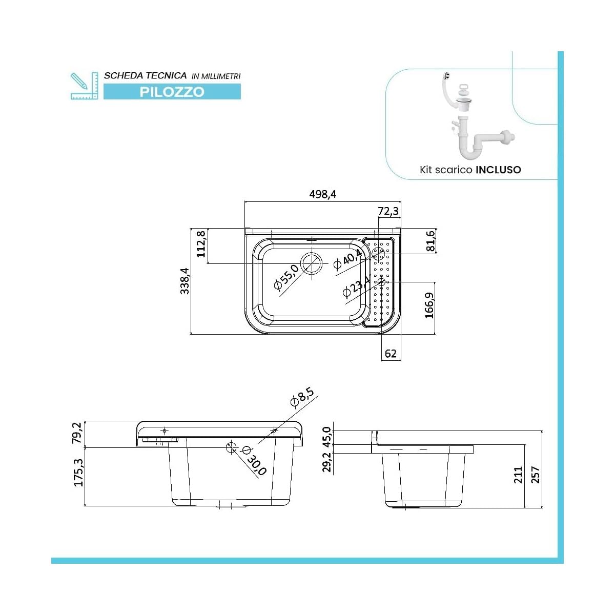 INTEC - Lavabo da parete in resina bianca 50 x 32 cm Lavabo a sospensione antiurto - Lavello Lavapano Bagno WC Garage Lavanderia