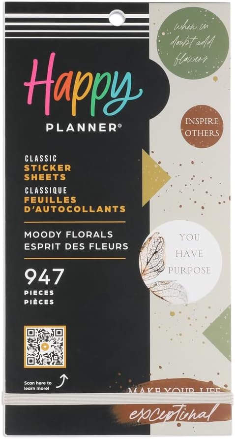 Happy Planner Sticker Pack for Calendars, Journals, and Diary Planners, Multicoloured Scrapbook Accessories, Moody Florals Theme, Classic Size, 30 Sheets, 947 Total Stickers