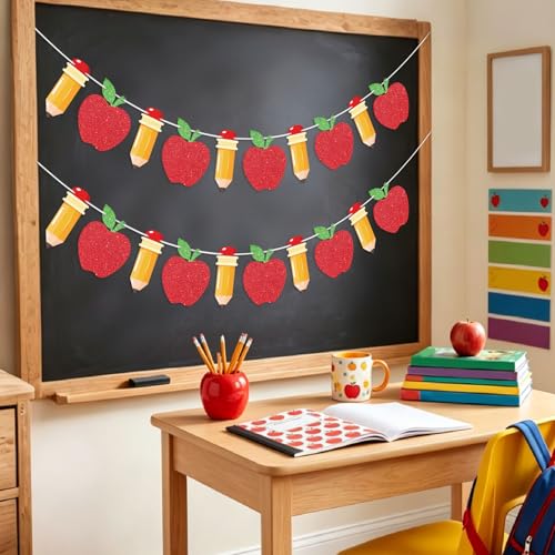 Image of Hooqict 2 Pieces Back to School Pencil and Apple Banner Decorations Welcome Back Party Banner for Teacher Student First Day of School Office Classroom Party Decorations