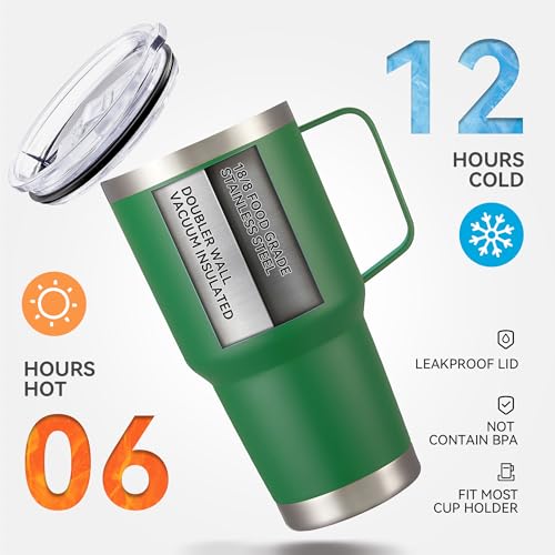 Image of 30 oz Stainless Steel Tumblers Bulk with Handle and Lid, 8 Pack | Powder Coated, Double Wall Vacuum Insulated, Leak Proof Lid, Keep Drinks Cold and Hot, for office, party, camping,Dark Green