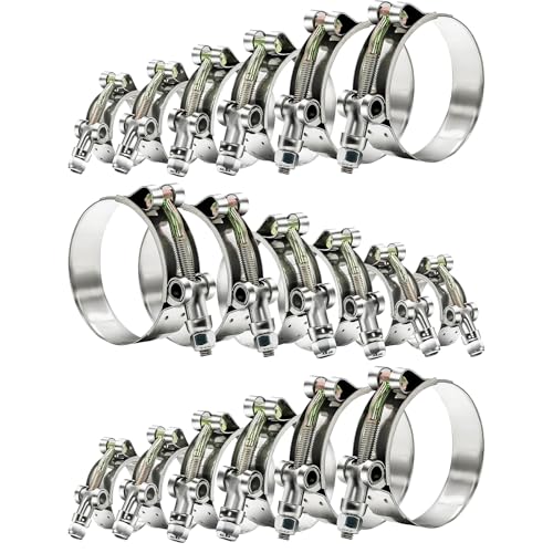 Goobetter 18 Pcs 6 Sizes T-Bolt Hose Clamp, Radiator Heavy Duty Hose Clamps, Working Range 28-64mm for 3/4"-2" Hose ID, 304 Stainless Steel Turbo Intake Intercooler Clamps Kit