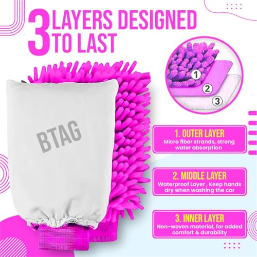 Image of Btag Double Sided Microfibre Wash Mitt Cleaning Gloves (2 Pcs, 2400 GSM, Size 26 X 19 Cm, Extra Large, Super Absorbent, Big Chenille Mitt Glove) (Pink)