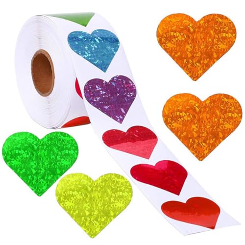 Healeved Pegatinas Autoadhesivas en Forma de Corazón 38 MM 1 Rollo 8 Diseños Coloridos Adhesivo Multifunción para Decoración del Hogar y Material Escolar