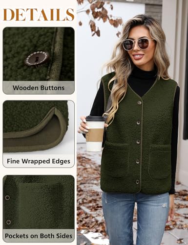 Women's Fleece Vests Button Warm Sleeveless Coat Vest Fall Fuzzy Lightweight Jackets Winter Soft Outerwear with Pockets3