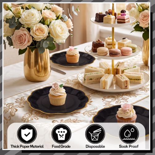 Image of 30 Pcs Black Plates with Gold Trim 9 Inch Scalloped Black and Gold Plates