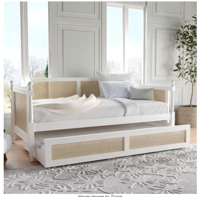 APRODZ Kozlow Twin Size Mango Wood Cane Daybed with Trundle (Solid Wood - White)-image-37