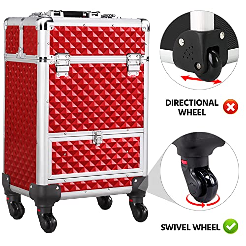Yaheetech Rolling Makeup Train Case Aluminum Cosmetic Case With Wheels Barber Case Salon Lockable Travel Trolley With Sliding Drawers Removable Divider, Red #TOP2