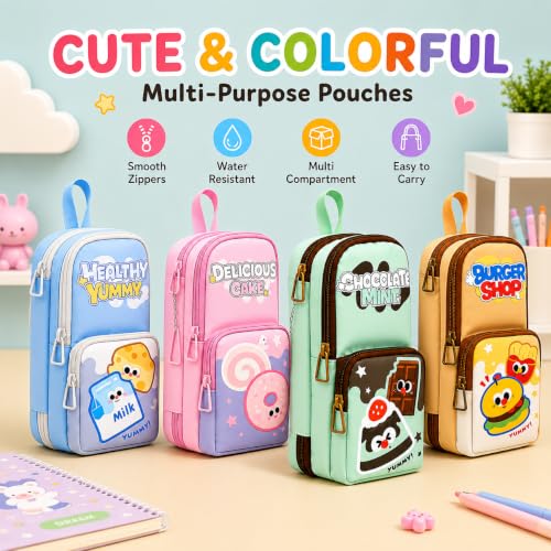 Image of Alokik 3 Compartment Pencil Pouch for Kids, Cute Cartoon School Pencil Case with Multiple Zipper Compartments, Stationery Organizer Bag for Boys & Girls, Portable Pen & Pencil Storage(Chocolate Mint)