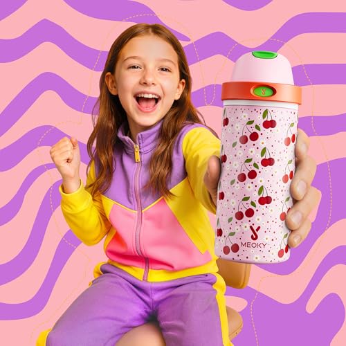 Image of 18 oz Insulated Water Bottle for Kids: Meoky Stainless Steel Water Bottle with 2-in-1 Straw and Spout Lid - Leak Proof, Cold for 24 Hours, BPA-Free for Girls School Sports, Sweet Cherry