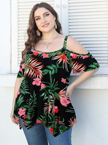 Image of LARACE Cold Shoulder Tops for Womens Summer Clothes Spaghetti Strape Tunic Oversized Shirts Asymmetrical Plus Size Blouse