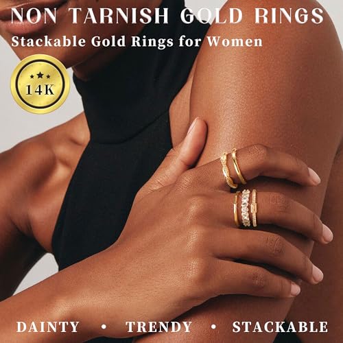Gold Stackable Rings for Women Non Tarnish,14K Gold Plated Minimalist Waterproof Thin Wedding Silver Stacking Band Ring Dainty Trendy Statement Rings Set Size 5-102