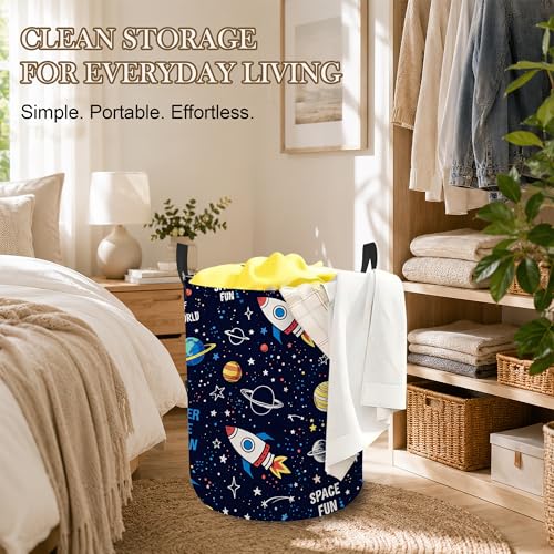 Image of Laundry Hamper, Rocket Space Collapsible Planet Stars Laundry Baskets Waterproof Oxford Cloth With Handles, Clothes Storage Bucket For Bathroom /Bedroom 16 inch x 20.8 inch