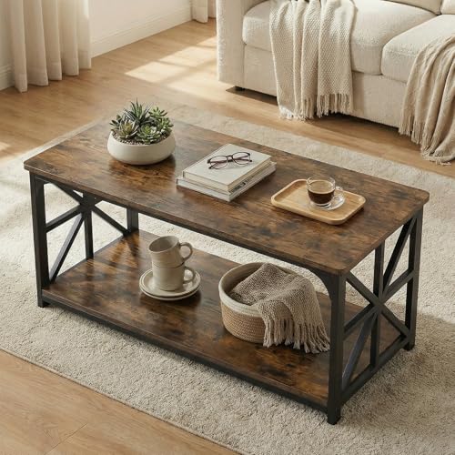 Image of GOFLAME 2-Tier Rectangular Coffee Table, Modern Center Table with Wooden Top, Metal Frame, X Shaped Side Pattern, Display Accent Tea Tables, Living Room Tables for Apartment (Rustic Brown & Black)