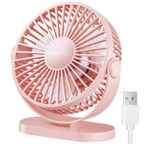 Image of SWEETFULL USB Desk Fan Small Quiet - 3 Speeds Mini Personal Portable Fan 360 Rotation Adjustable, 5.5 Inch Office Table Cooling Gadgets on Desktop (Pink)