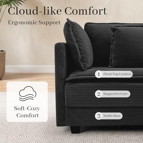 Image of Corduroy Sectional Couch, 3 Seater 113 inch Cloud Couch, Modular Deep Seat Sofa with Pillows for Living Room, Apartment, Black