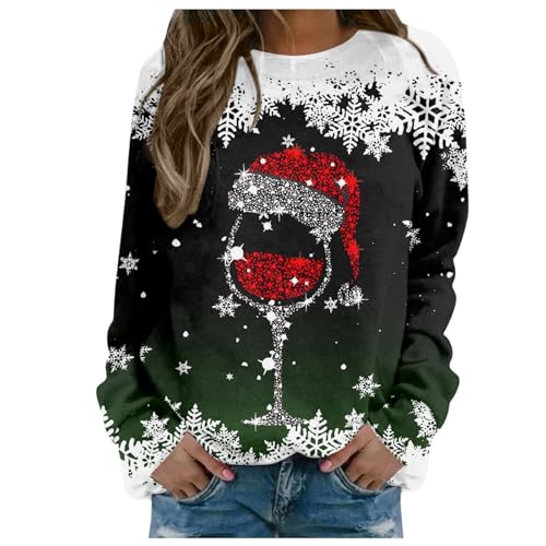 Blusa a la moda, informal, copa de vino tinto, copo de nieve, estampado navideño, cuello redondo, manga larga, sudadera con capucha, B-verde oscuro, X-Large