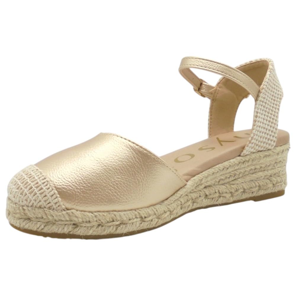 mysoft - 25M102 Alpargatas de Mujer Platino con Cuña 4 cm, Plataforma 2 cm, Cierre de Hebilla, Planta de Gel Acolchada y Puntos de Relajación para: Mujer