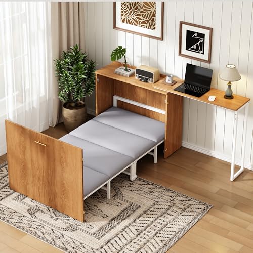 Henjda Cama plegable de 90 x 200 cm, con escritorio giratorio y colchón, ahorra espacio, cama de pared con somier, cama plegable de pared, sin colchón (natural)