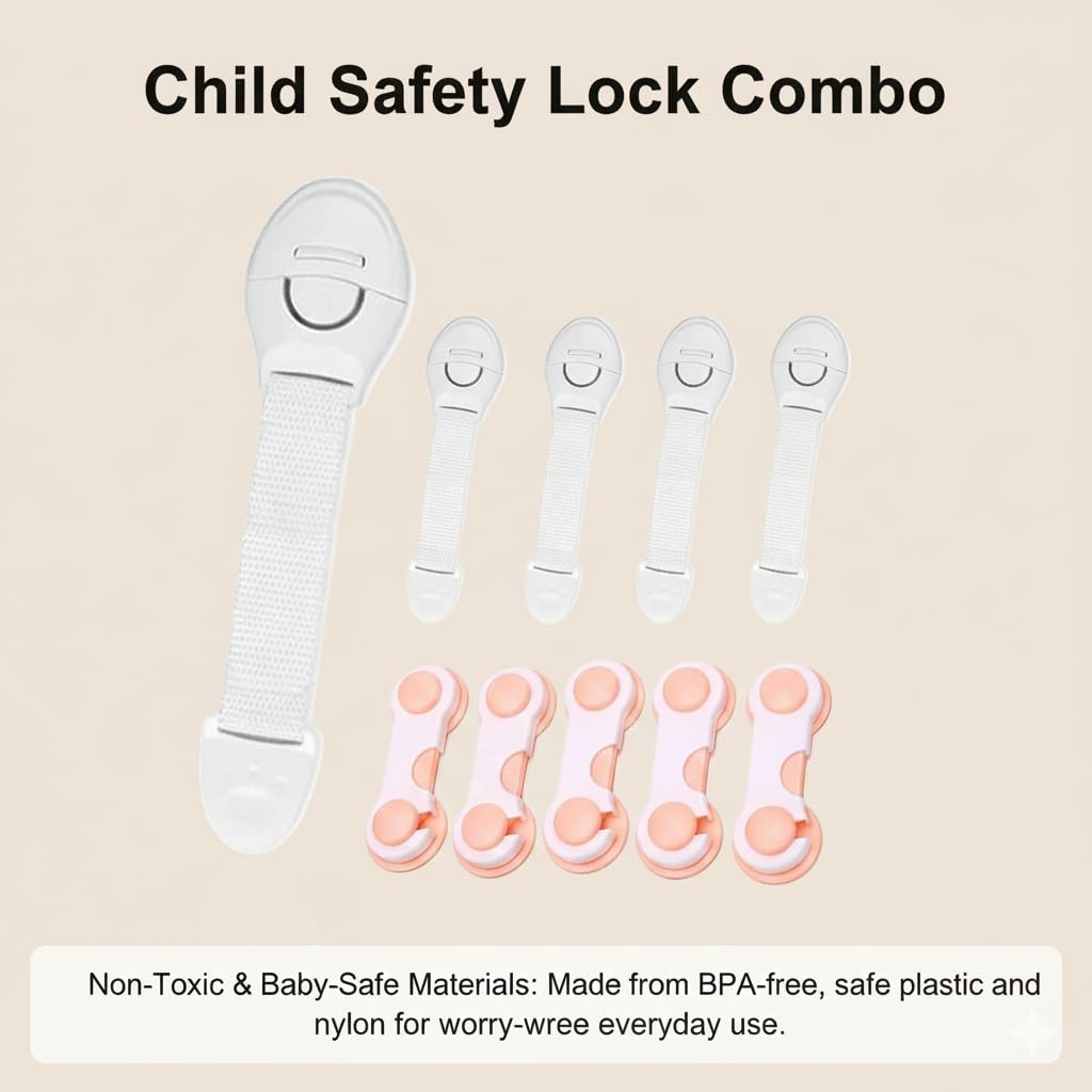 Safe-O-Kid Baby Safety Combo Child Safety Locks | Baby Proofing Cabinet, Drawer, Fridge & Cupboard Locks | 5 Smiley End Locks + 5 Nylon Safety Locks with Strong 3M Adhesive