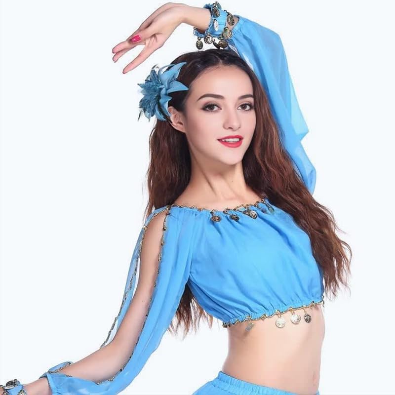 Wuchieal Women's Carnival Stage Performance Tops,Belly Dance Long Sleeves Top,Crop Top with Gold Coins (One Size, Light Blue) - Image 4
