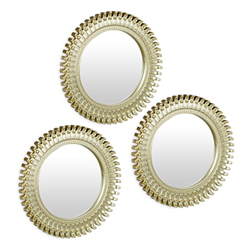 Relaxdays Set of 3 Mirrors, Round, Decorative, diameter 25 cm, Wall Mounted, Plastic Frame, Bedroom, Lounge & Hallway, Gold