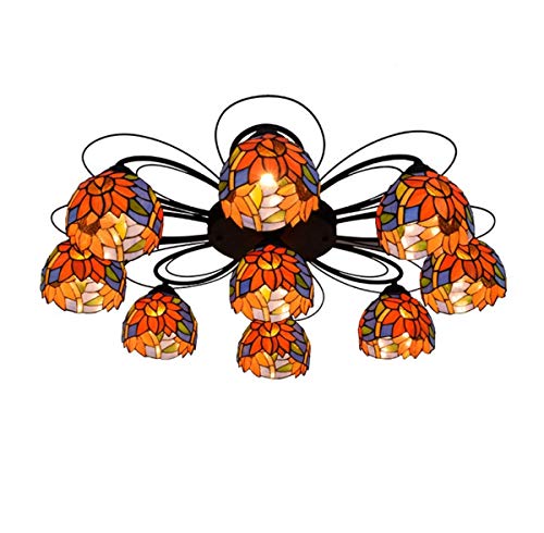 OUYOXI Lampes de sol/de table de style Tiffany, plafonnier à 9 têtes de style Tiffany européen vintage créatif multi-tête lustre fleur de soleil vitrail salon bar luminaire