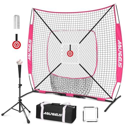 AOLIGEIJS 6X6 Baseball Softball Practice Net Pitching Net Batting Net with Bonus Strike Zone Target and Bow Frame for Hitting Pitching Catching