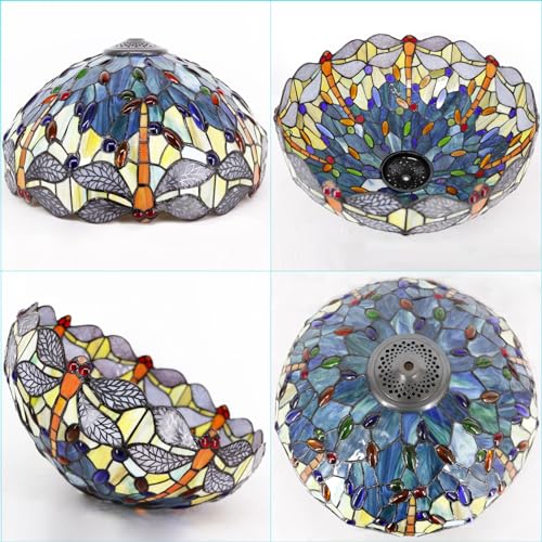 Image of 16Inch Tiffany Lamp Shade Replacement Only(Blue Yellow Dragonfly) | Stained Glass Lampshade Fit For Table Lamps FLoor Lamp Ceiling Fixture Pendant Hanging Light Home Office Decoration