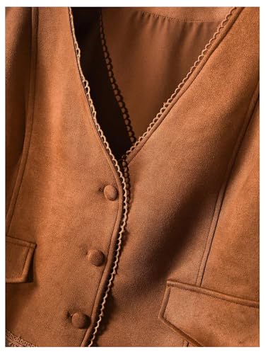 OYOANGLE Women's Plus Size Faux Suede Button Down Blazer Vests V Neck Embroidered Western Cowgirl Vest4