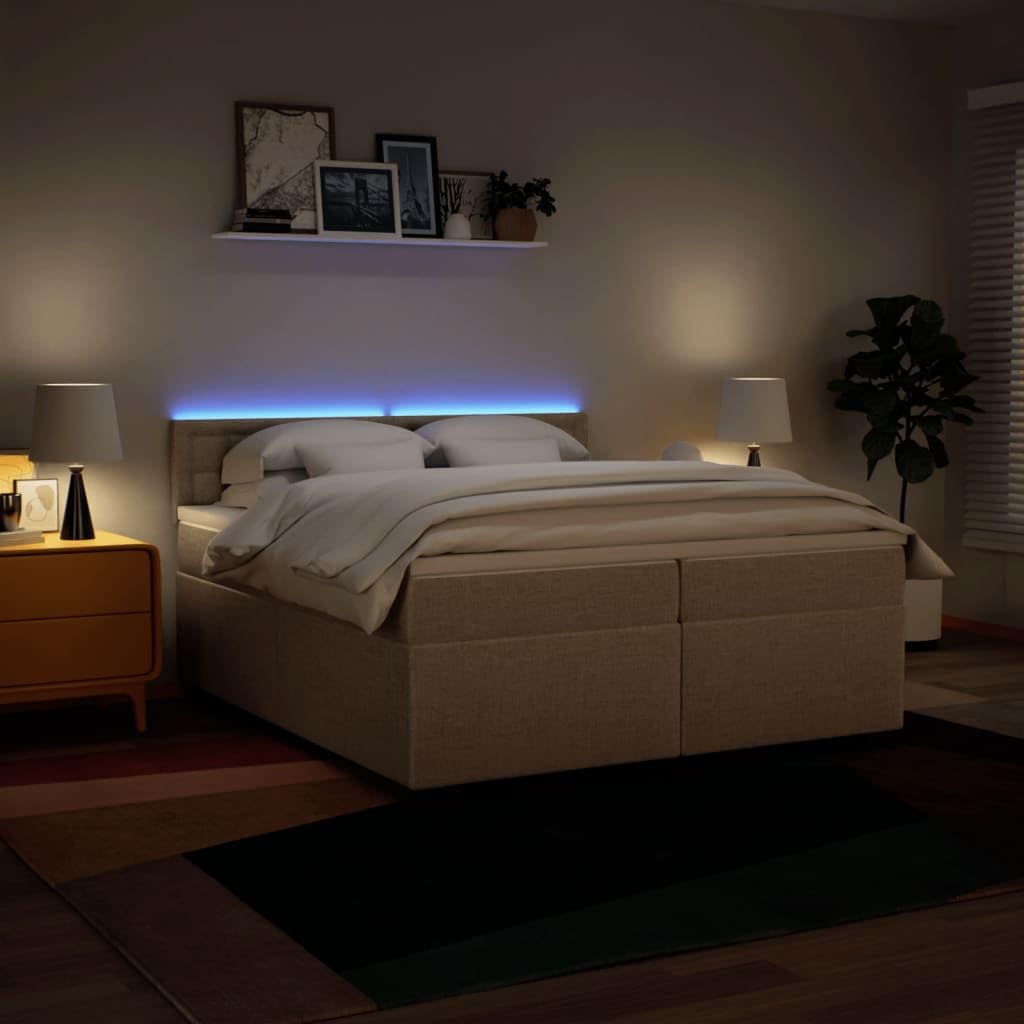 Łóżko kontynentalne z materacem kremowym 200 x 200 cm, obicie materiałowe, rdzeń sprężynowy kieszeniowy, oświetlenie LED, tapicerowany zagłówek, meble do sypialni, kompletny zestaw