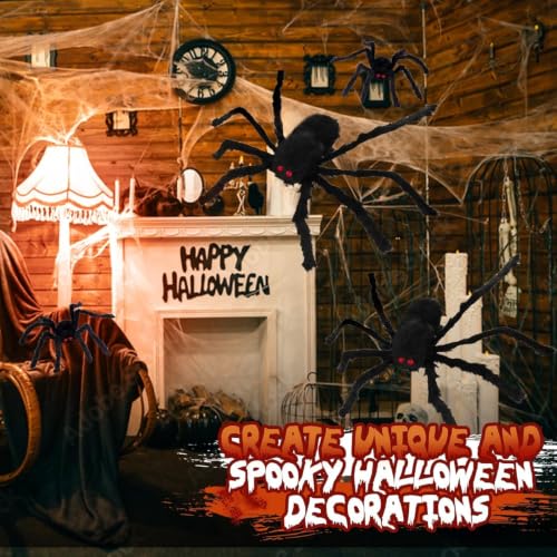 Image of Giant Spider 2.46 Ft, 4 Packs Halloween Decorations Fake Halloween Decor Spiders Large, Furry Spiders for Outdoor Indoor Yard Home Costumes Party House Decor, 2.46Ft*2 /0.98Ft*2