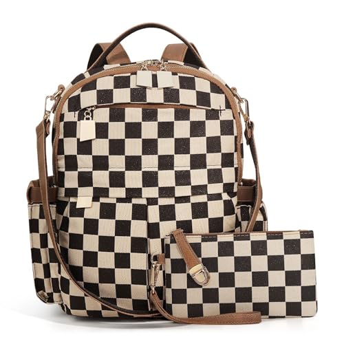 JQWYGB 2 peças de mochila xadrez para mulheres, pequena mochila xadrez, mochila quadriculada, bolsa de mão com carteira, Marrom, M