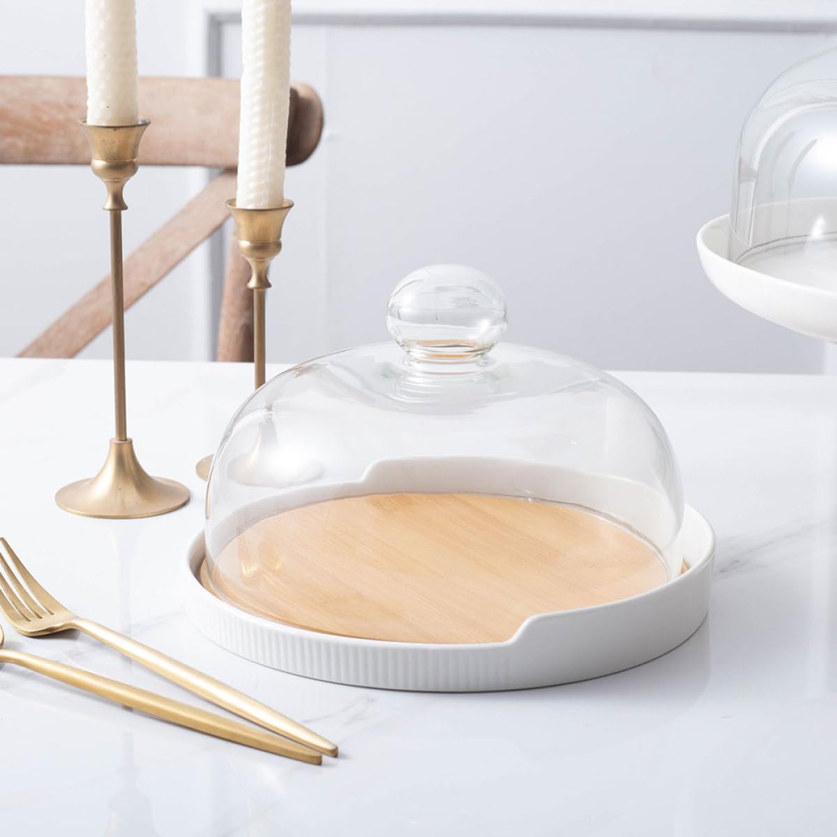 UKCOCO Bandeja para Tartas de Madera con Tapa de Cristal Transparente, Plato Giratorio para Postres, Soporte para Pastelería y Repostería en Hogar y Cocina