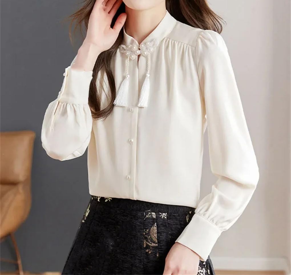 Camicia da donna con nappa, a maniche lunghe, colletto alla coreana, in chiffon, con bottoni, casual, da ufficio