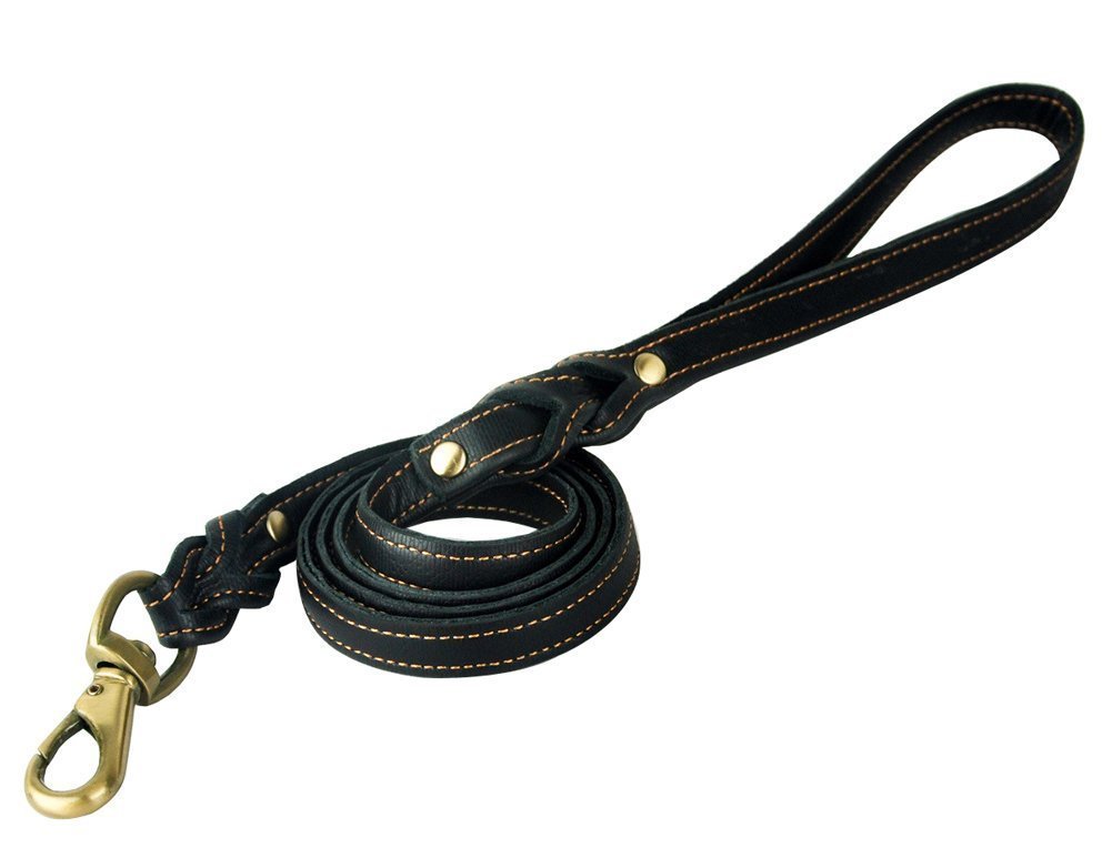 Corde de marche en cuir tressé noir pour chien 120cm