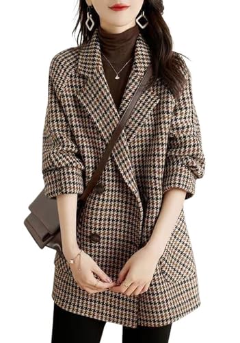 chouyatou Women's Winter Double Breasted Houndstooth Plaid Wool Pea Coat Notch Lapel Dressy Wool Trench Coat