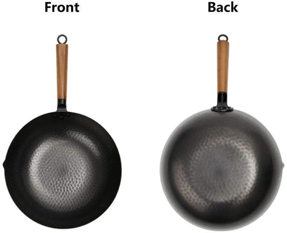 Handgehämmerter Eisen-Wok mit Holzdeckel, vorgebrannte Gusseisen-Bratpfanne zum Braten, Kochen und Frittieren