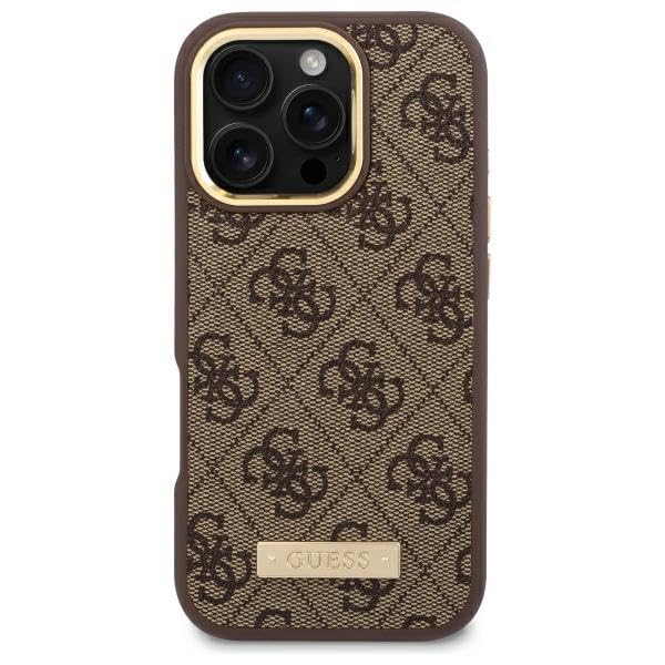 Coque iPhone 16 Pro Guess marron rigide avec motif 4G chic et elegant