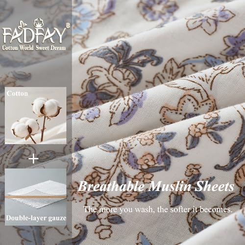 Image of FADFAY Double Gauze Cotton Queen Sheet Set - Breathable Cooling Muslin Bed Sheets, Vintage Paisley Floral Bedding Set, Soft Lightweight Summer Sheets with Fitted Sheet, Flat Sheet & Pillowcases