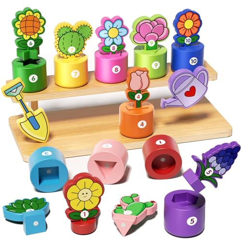 Image of GJZZ Wooden Pretend Play Flower Garden Set with Stand - Montessori Shape and Color Sorting Toys for 2 3 Year Old Girls Boys Birthday Gifts, Number Cognition for Toddler Kids, Fine Motor Skills