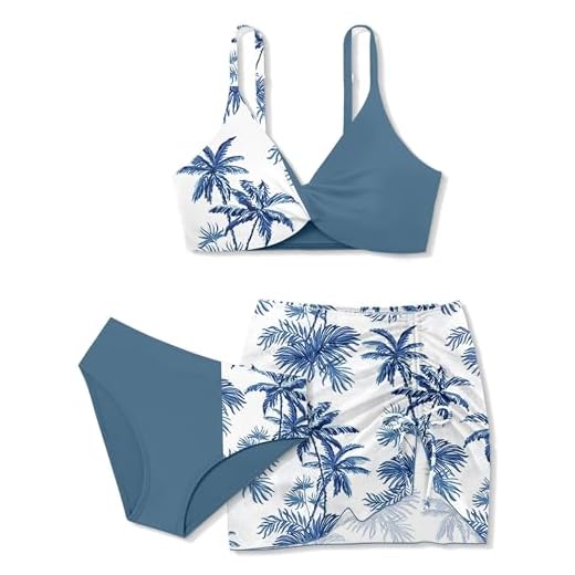TyeSmo Maiô floral tropical para meninas, 3 peças, biquíni cruzado com saída 8-16 anos, Azul, 13-14 Anos