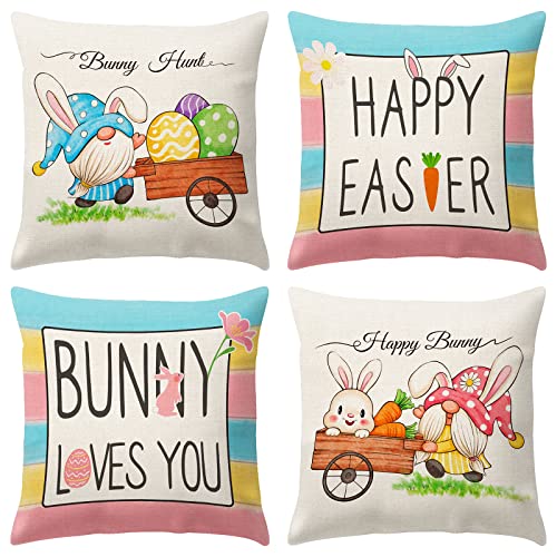 Easter Decorations,Easter Gnome Pillow Covers 18X18 Set Of 4, Easter Decorations For Home,Eastr Bunny Egg Hunts,Easter Decorative Throw Pillow Covers Spring Easter Farmhouse Home Decor #TOP8