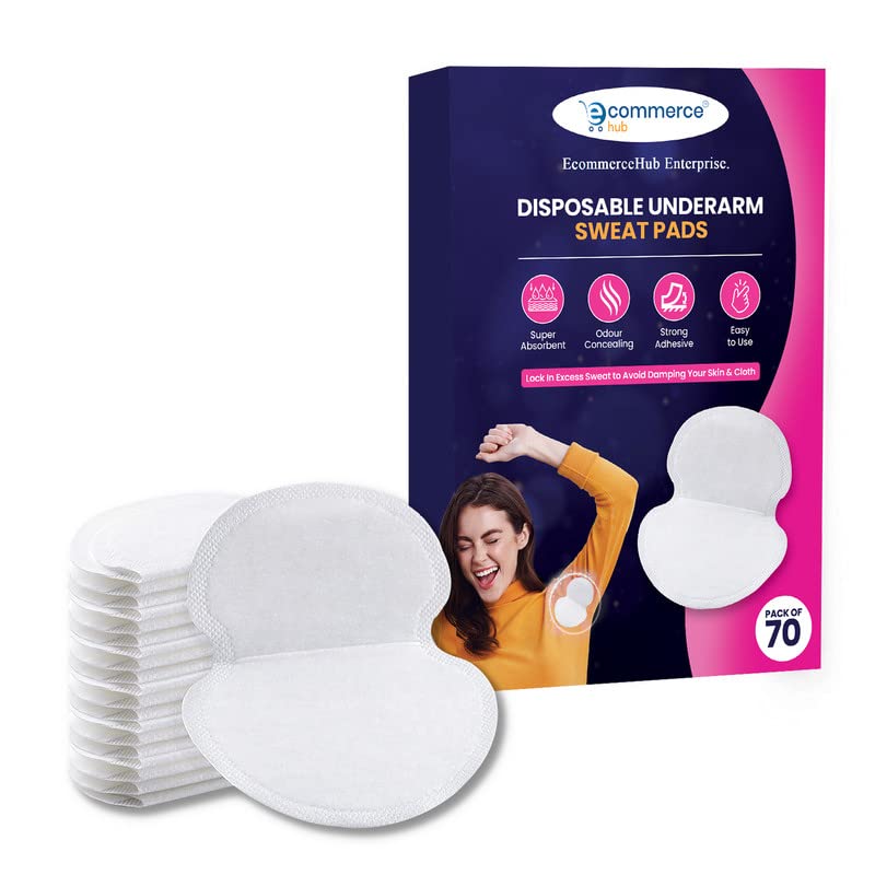 EcommerceHub™ Disposable Underarm Sweat Pads, Armpit Sweat Pads for Women and Men [70 PCS],Disposable Underarm Pads for Sweating Women,Comfortable,Non Visible,Easy To Use.