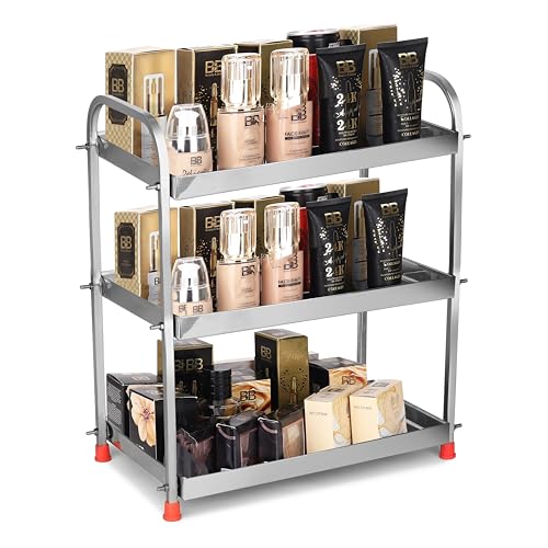 Image of Stainless Steel 3-Tier Storage Rack for Kitchen, Bathroom & Vanity, Multipurpose Shelf Organizer for Jars, Spices, Toiletries & Cosmetics Stand, Countertop Stand