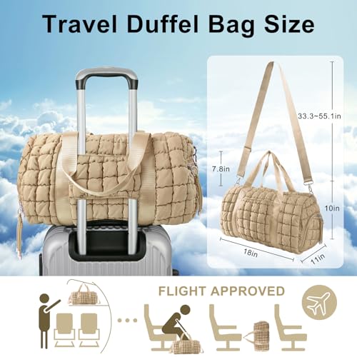 Quilted Travel Duffle Bag Gym Bag&Quilted Backpack Purse for Women,Large Puffer Duffle Weekender Bag Lightweight Puffer Puffy College Laptop Backpack with Compartment for Travel Gym Airplane(Khaki)2