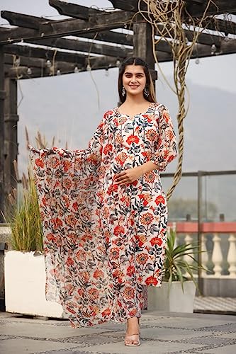 Image of Leriya Fashion Cotton Printed Kurta Sets for Woman | V Neck Festive Anarkali Suit for Women | Ethnic Kurta Set with Dupatta for Women | Wedding Kurti Set for Woman