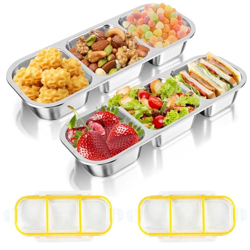 lompyeu Snackbox mit Fächern, 2 Stück Edelstahl Snackbox Kinder mit 3 Fächern, BPA-frei Brotdose Kinder für Schule,Arbeit (26,2×10,3×4 cm)
